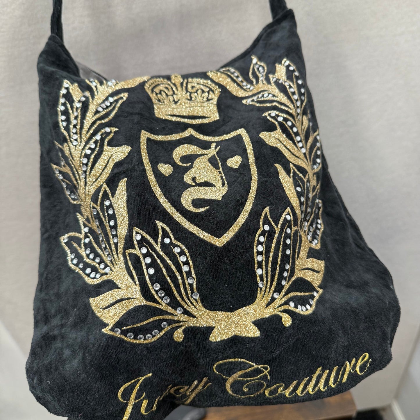 Juicy Couture Women's Black Velour Gold Embroidered Crest Logo Classsic Tote Bag