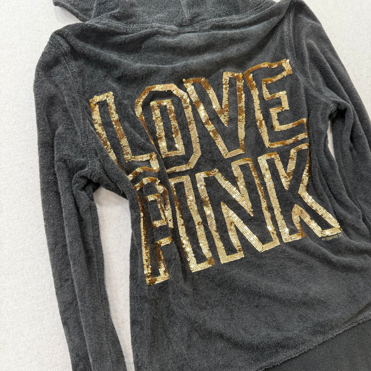 Vintage Victoria’s Secret Love PINK Black Terry Cloth Sequin Hoodie Size XS