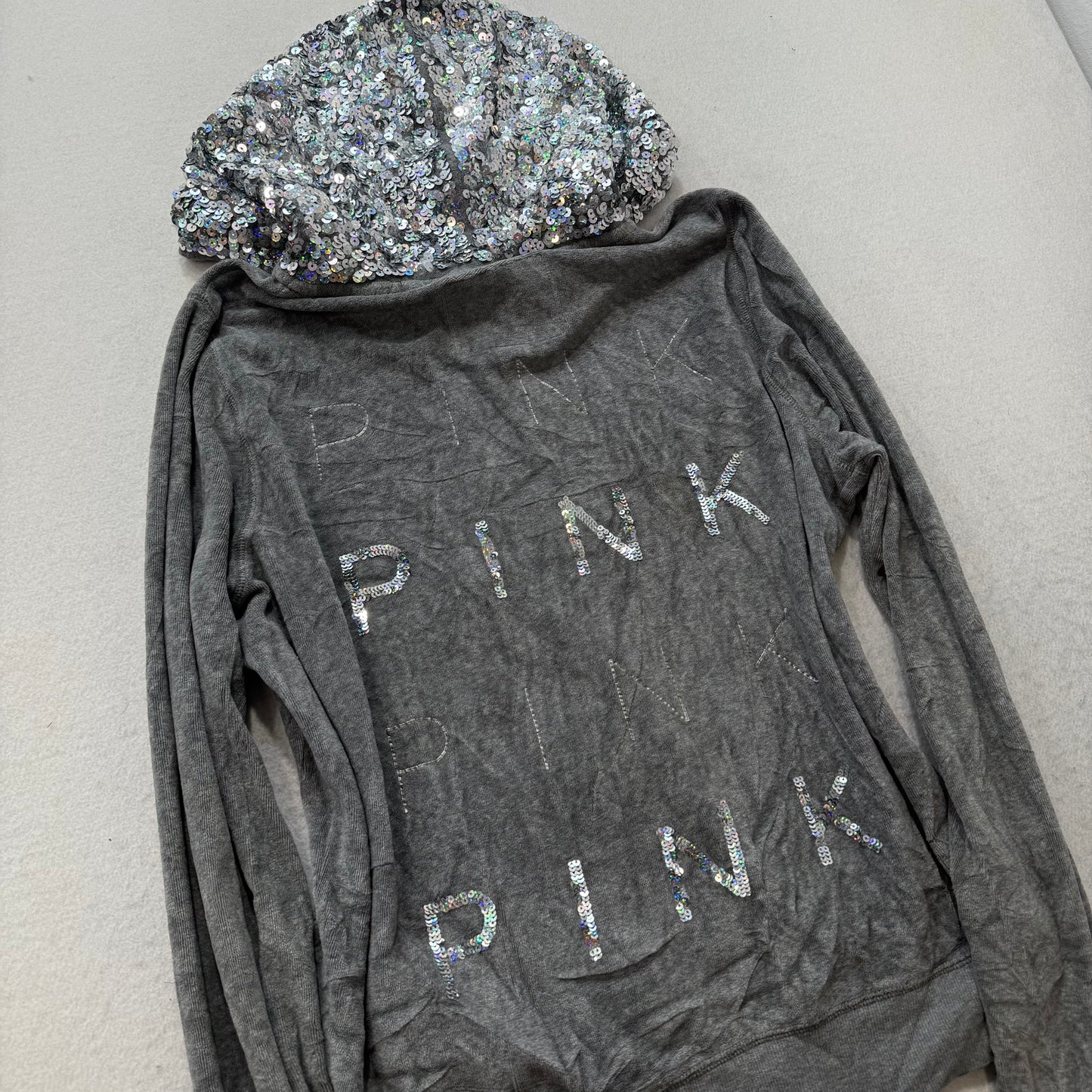 PINK Victoria Secret Womens Gray Velour Zip Up Hoodie Sequins Hooded Logo Size L