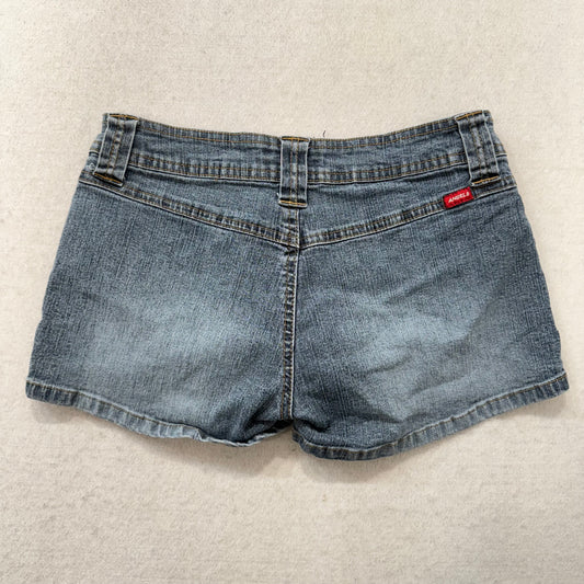 Angels Medium Wash Blue Denim Cargo Mini Shorts Zip Pockets Low Rise Size 28