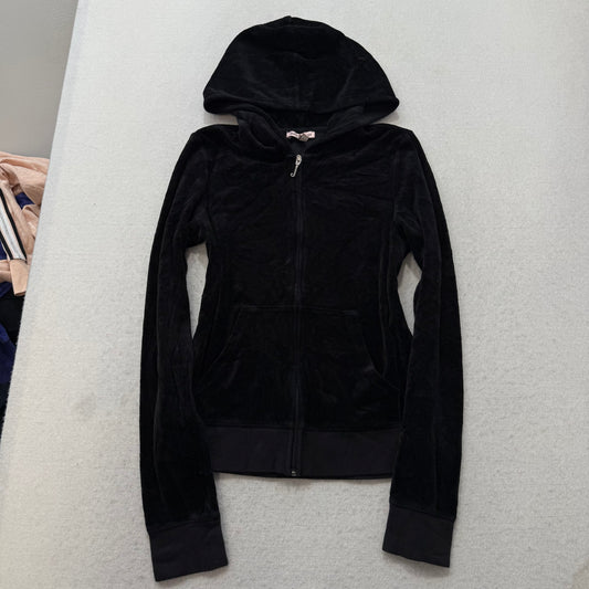 Juicy Couture Women's Black Velour Full Zip Hoodie Rhinestones Logo Y2K Size M