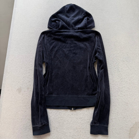 Vintage Juicy Couture Women's Navy Blue Velour Zip-Up Hoodie Pockets Y2k Size L