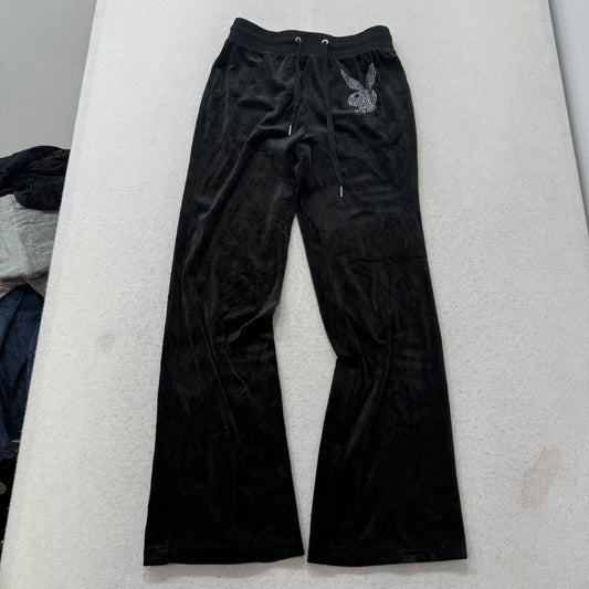 Playboy Women's Black Velour Flare Track Pant Drawstring Rhinestone logo Size XS