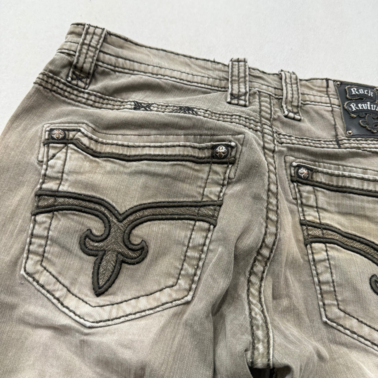 Rock Revival Men Taupe Denim Straight Jeans Inverted Fleur-de-Lis Pocket Size 36