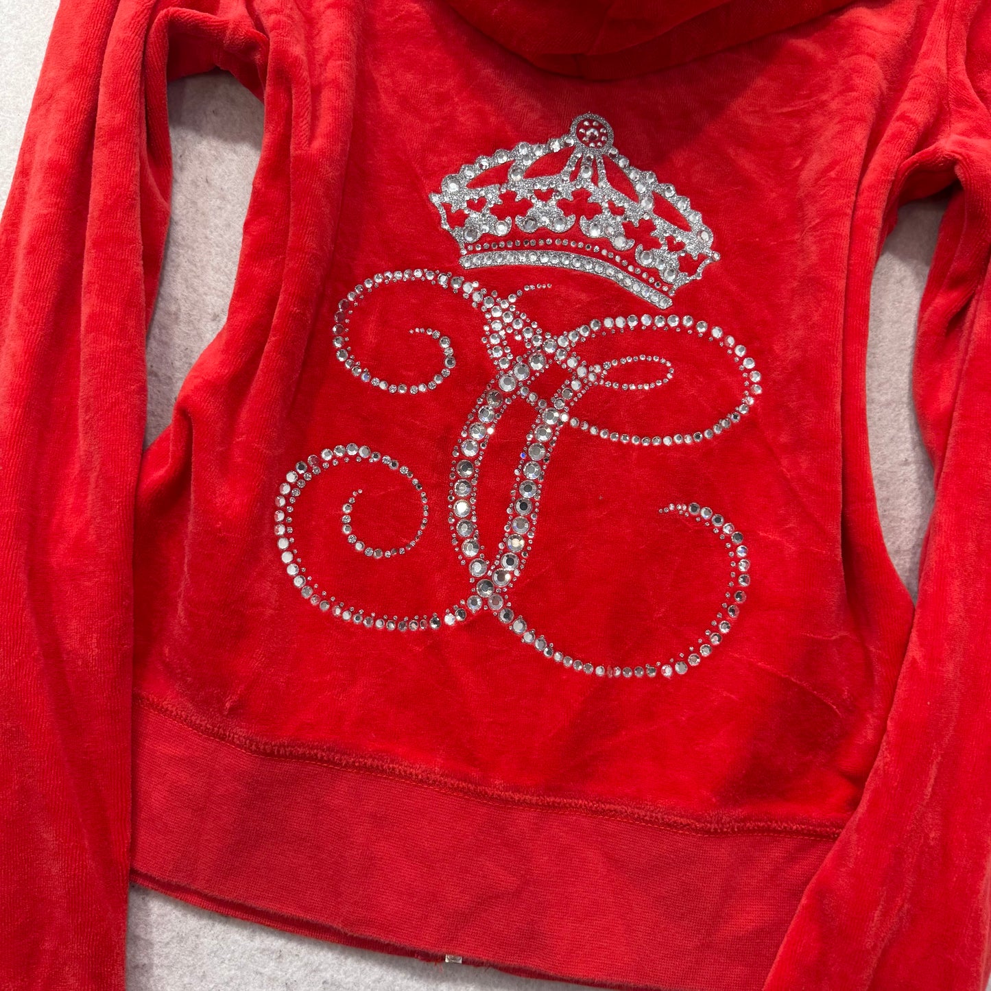 Juicy Couture Women's Red Velour Full Zip Hoodie Rhinestone Crown Logo Size M