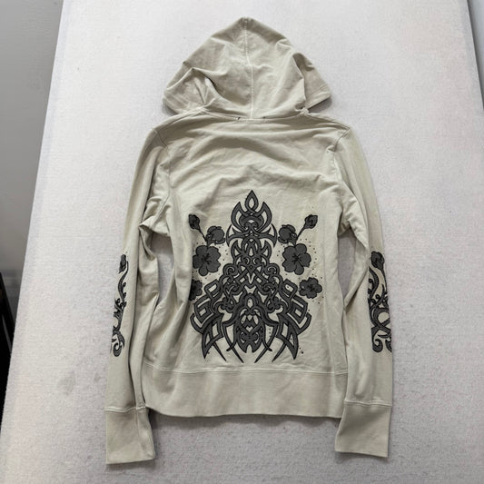 Vertigo Women's White Cotton Zip Up Hoodie Floral Rhinestones Logo Y2K Size XL