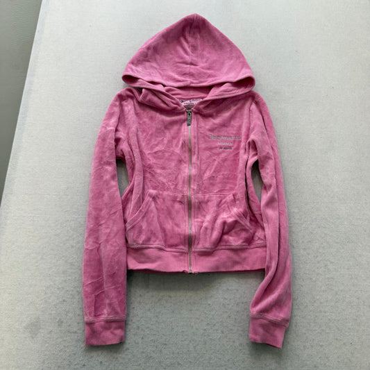 Juicy Couture Women's Pink Velour Zip Up Cropped Hoodie Rhinestones Logo Size S