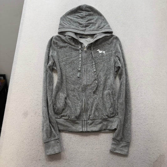 PINK Victoria's Secret Women's Gray Full Zip Hoodie Sequins Heart Logo Size S