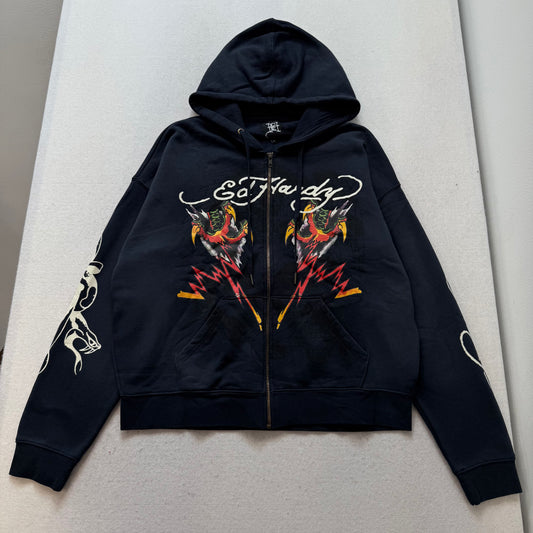 ED HARDY “Tiger Flame” SUNFADED NAVY BOXY ZIP UP HOODIE