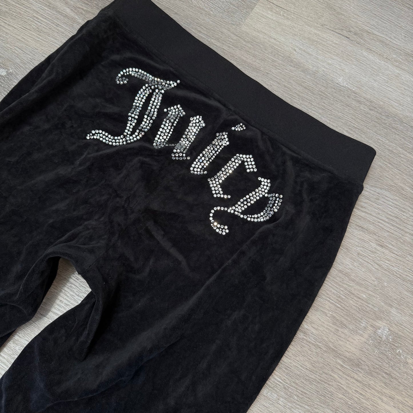 Juicy Couture Women's Jet Black Velour Flared Track Pants Rhinestone Logo Size M