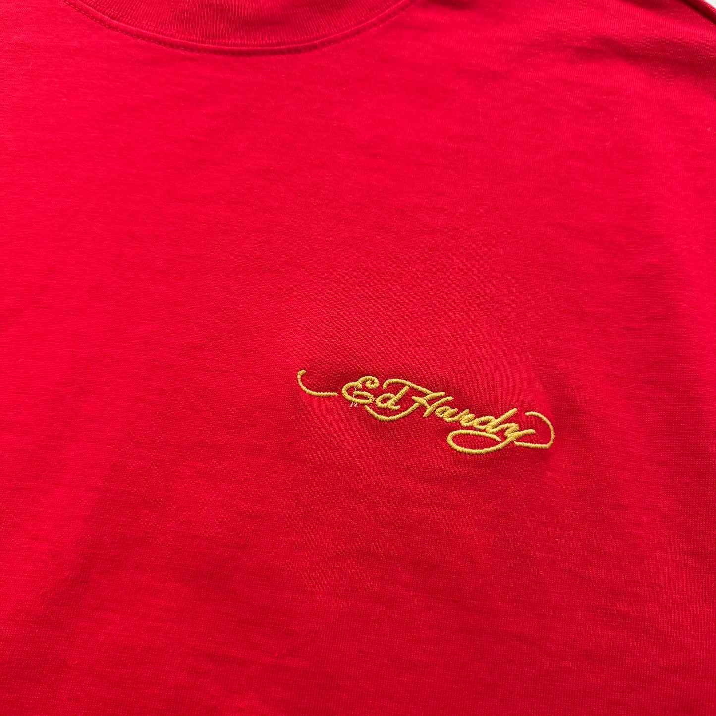 ED HARDY GOLD EMBROIDERED RED TEE