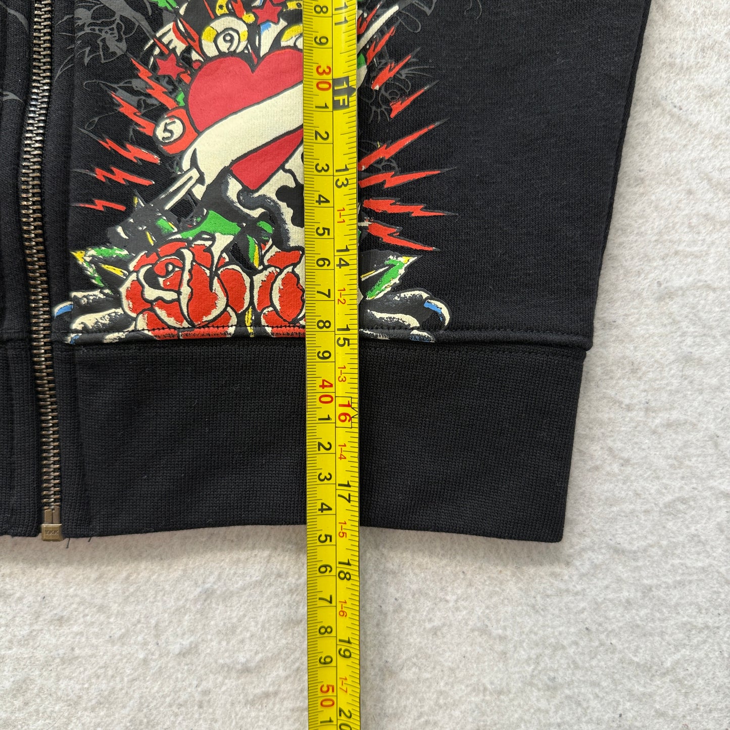 Ed Hardy Rose Skull Heart Women's Black Fleece Cropped Pullover Hoodie Size M