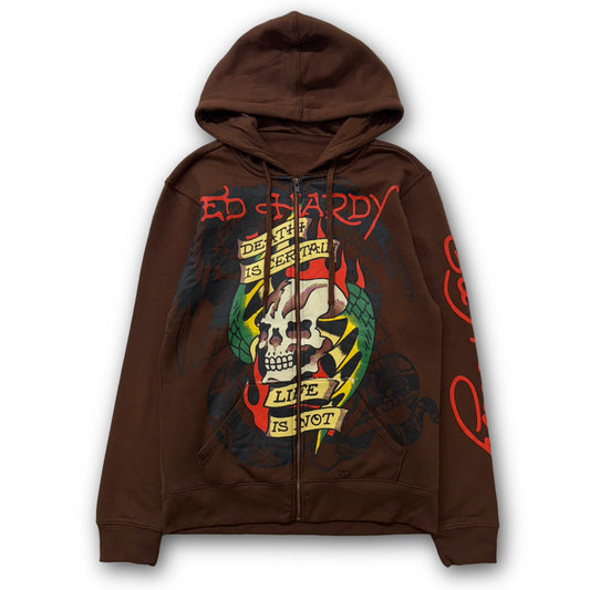 ED HARDY “Death is Certain, Life is Not” BROWN ZIP UP HOODIE