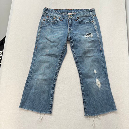True Religion Blue Denim Cropped Flare Distressed Jeans Raw Hem Low Rise Size 30
