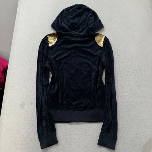Juicy Couture Women's Navy Blue Velour Full Zip Hoodie Sequin Shoulders Size M