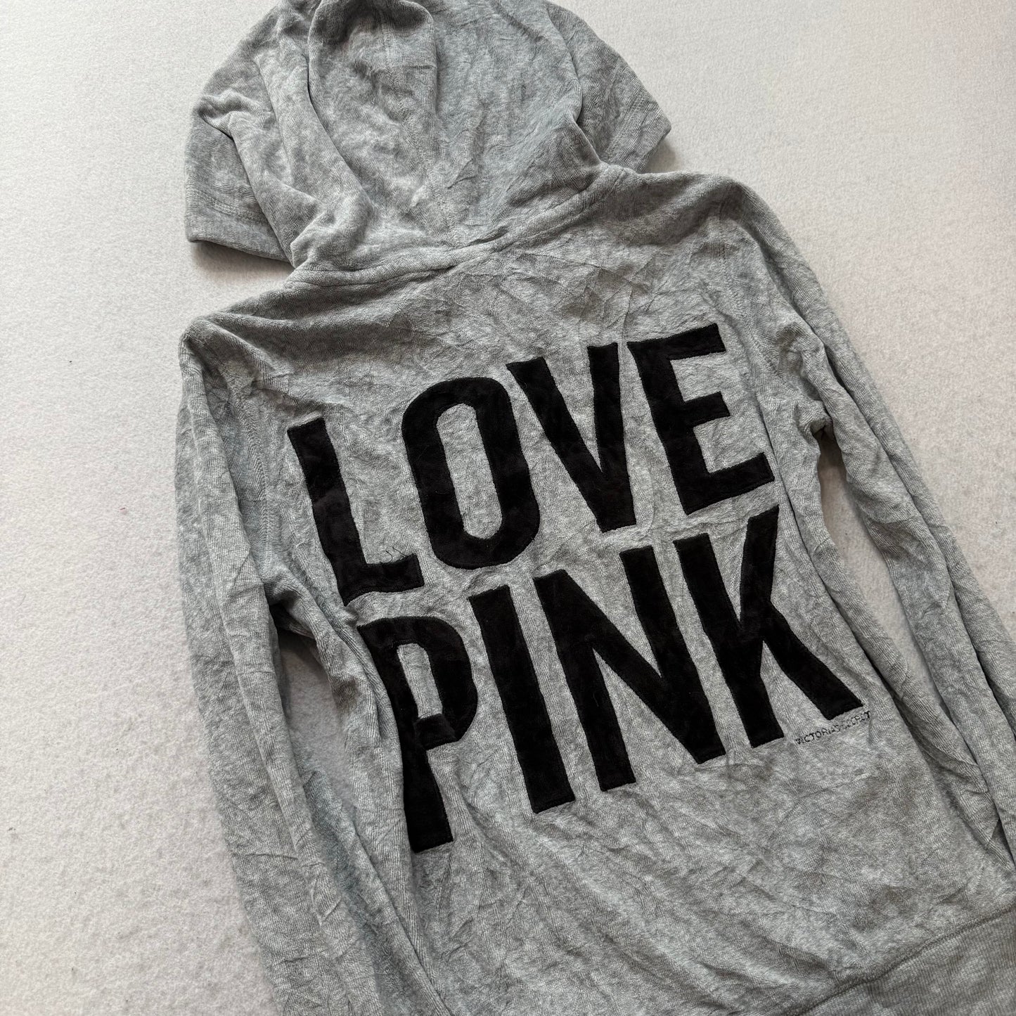 Vintage Victoria's Secret PINK Gray Velour LOVE PINK Back Graphic Hoodie Size S