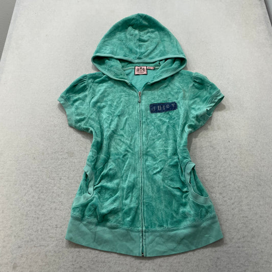 Vintage Juicy Couture Womens Teal Terry Cloth Hoodie Short Sleeve Graphic Size L
