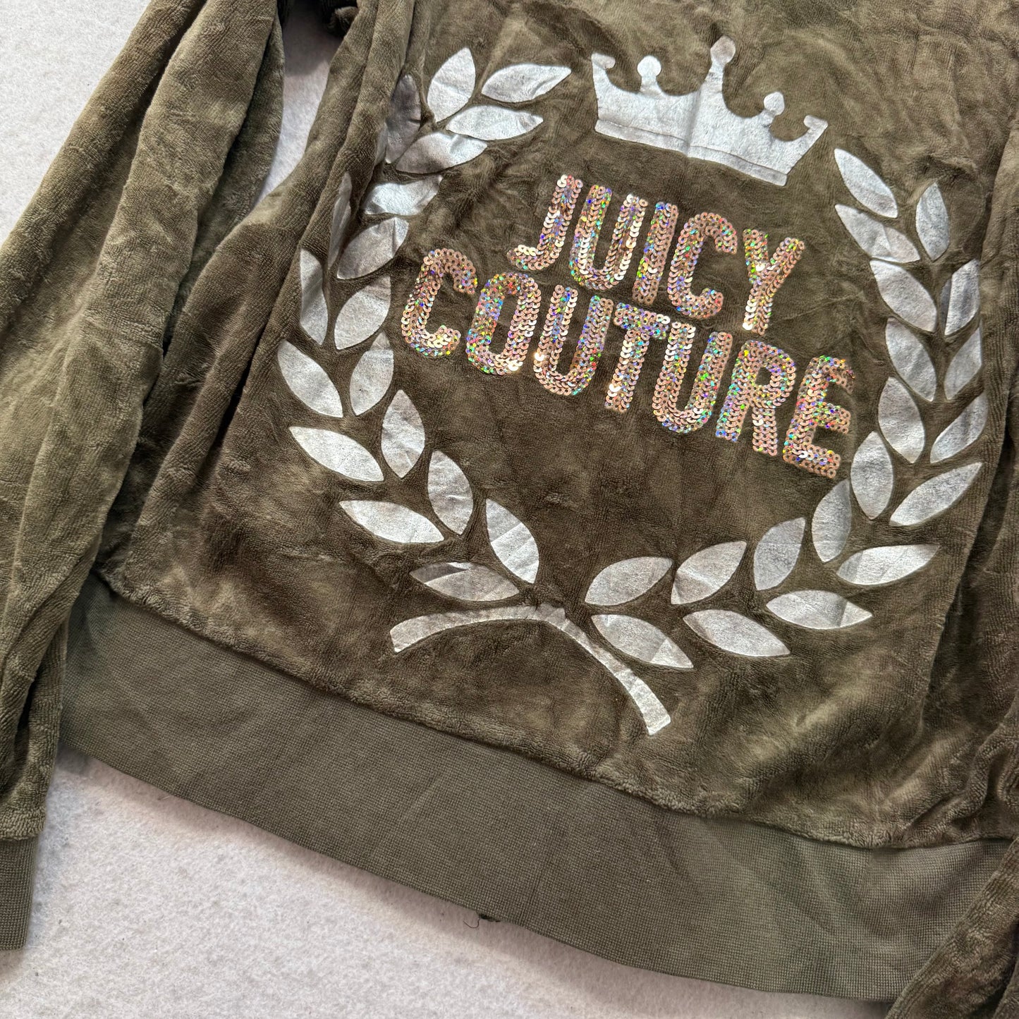 Juicy Couture Women's Olive Green Velour Zip-Up Hoodie Gold Sequins Logo Size XL