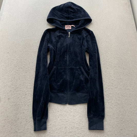 Vintage Juicy Couture Womens Navy Velour Zip-Up Hoodie Back Graphic Print Size S
