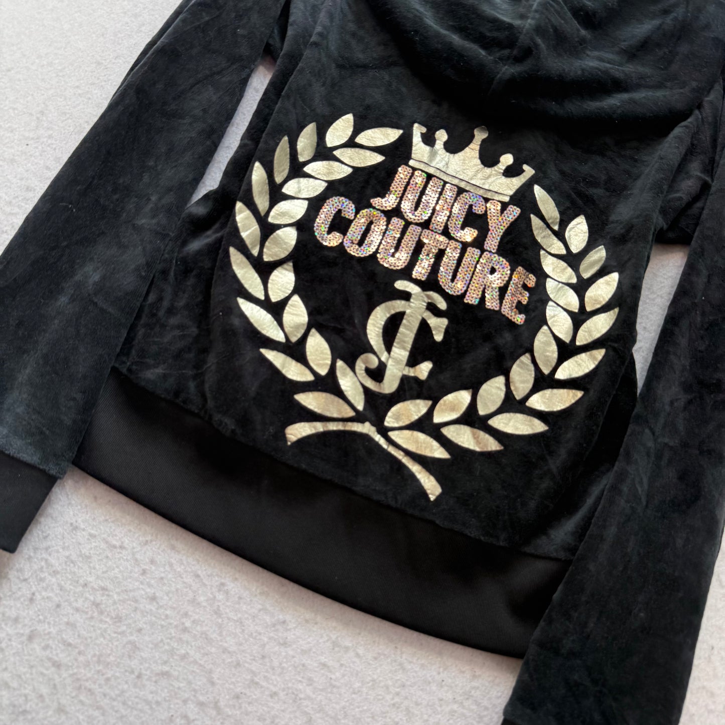 Juicy Couture Womens Black Velour Zip-Up Hoodie Sequin Graphic Crest Logo Size L