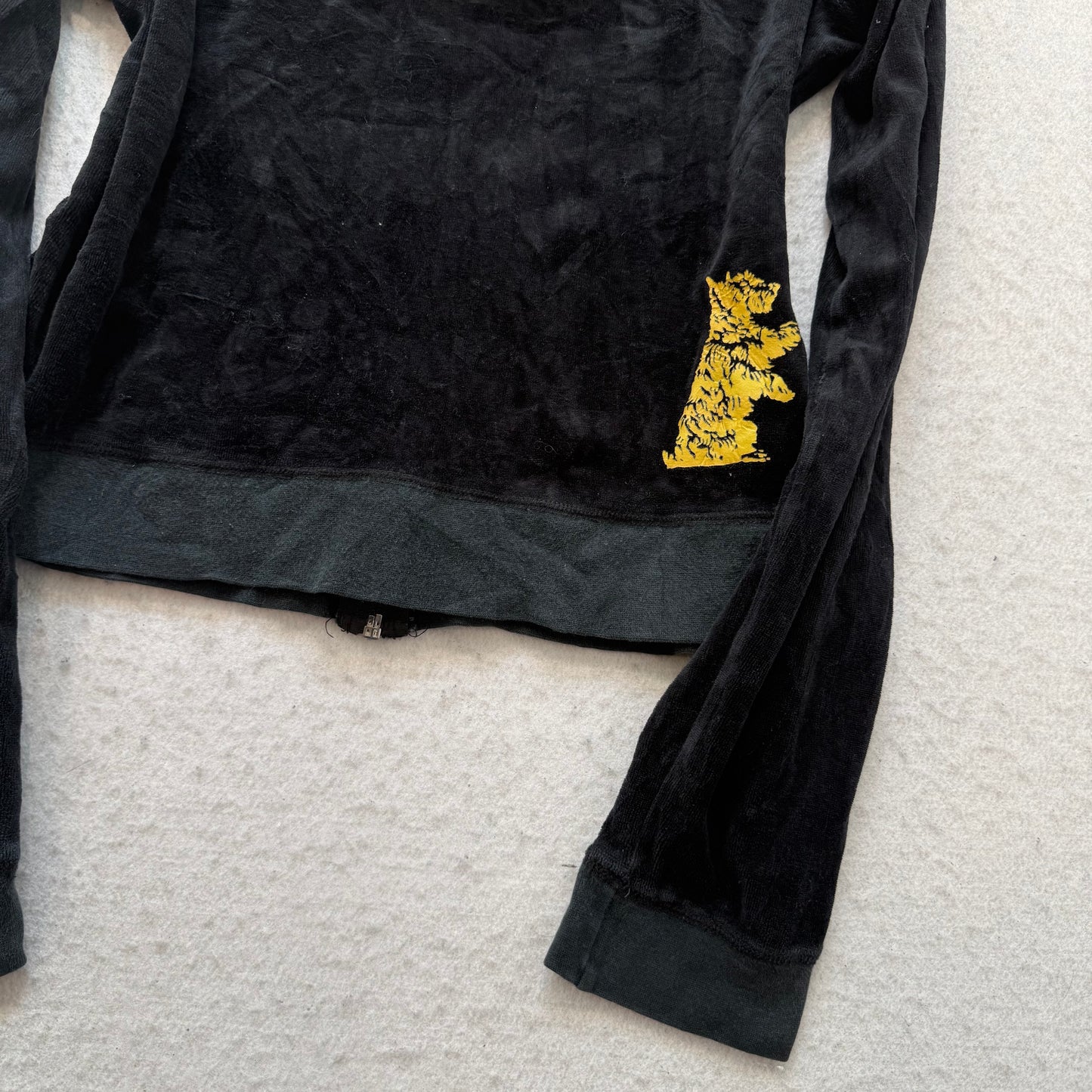 Vintage Juicy Couture Women's Jet Black Velour Zip-Up Hoodie Dog Logo Size L