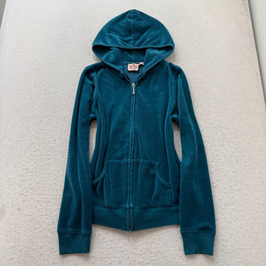 Vintage Juicy Couture Women's Teal Blue Velour Zip-Up Hoodie Graphic Logo Size S