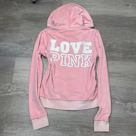Victoria's Secret PINK "Love Pink" Women's Pink Velour Zip-Up Hoodie Logo Size M
