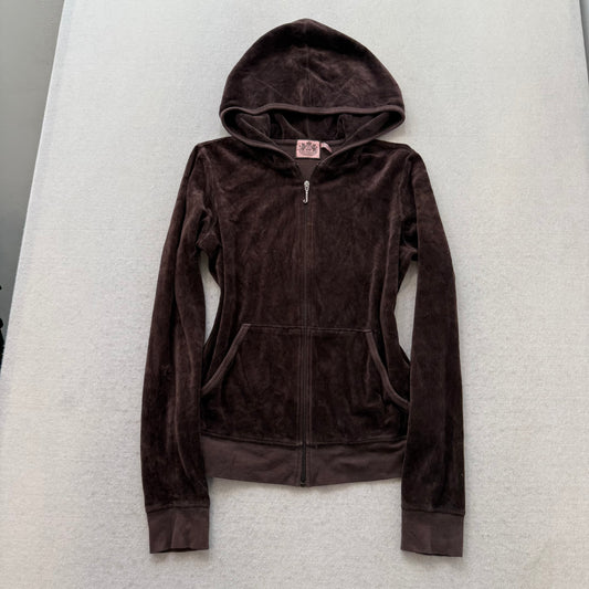 Vintage Juicy Couture Women's Brown Velour Zip Up Hoodie Loungewear Logo Size L