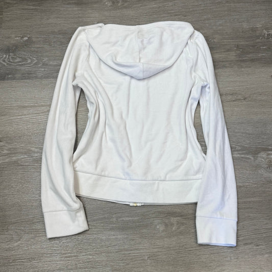 Juicy Couture Women's White Velour Zip-Up Hoodie Pockets Rhinestone Logo Size L