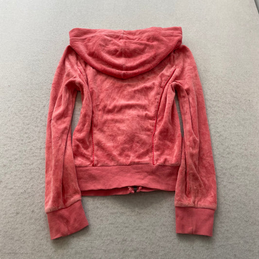 Bebe Women's Coral Pink Velour Zip-Up Hoodie Loungewear Rhinestone Logo Size XS