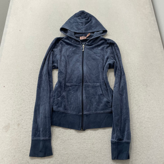 Vintage Juicy Couture Queen of Couture Womens Dark Blue Velour Hoodie Y2k Size L