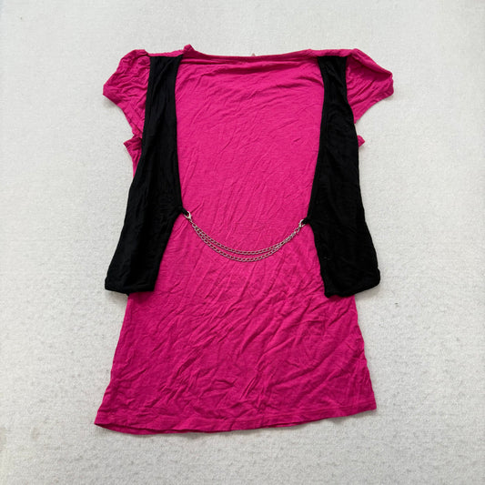 Lamasini Womens Hot Pink Cotton Top Short Sleeves Abstract Floral Graphic Size S