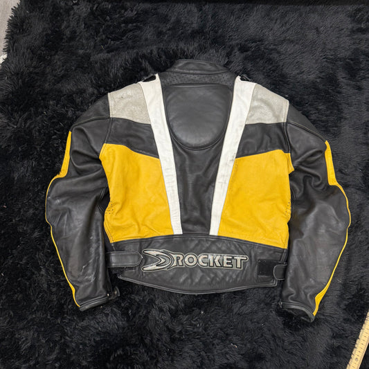 Joe Rocket Black Yellow Leather Motorcycle Jacket Racing Zip Front Size XL