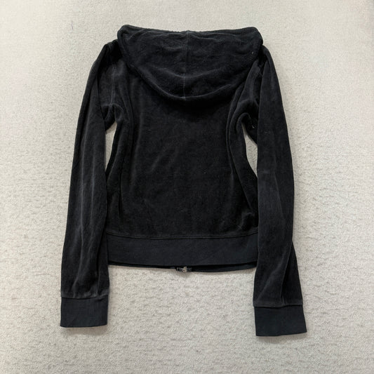 Vintage Juicy Couture Womens Black Velour Zip-Up Hoodie Drawstring Pocket Size S