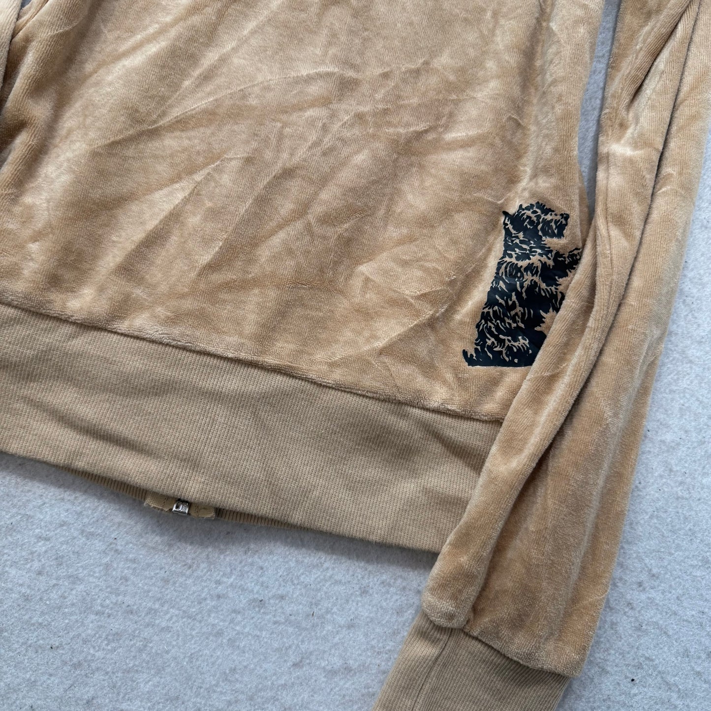 Vintage Juicy Couture Women Tan Velour Full Zip Hoodie Drawstring Pockets Size S