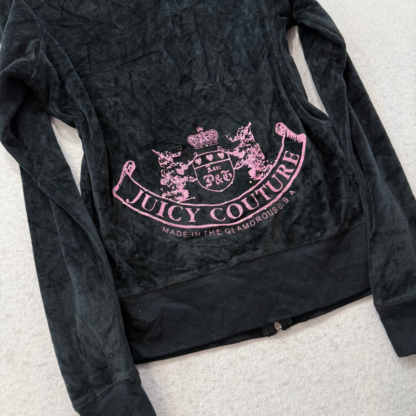 Vintage Juicy Couture Scottie Dogs Black Velour Hoodie Made In The USA Size S