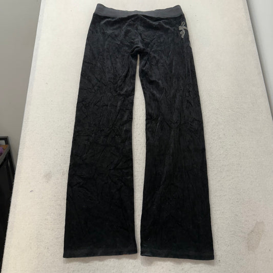 Vintage Juicy Couture Women's Black Velour Flared Track Pant Studded Logo Size S