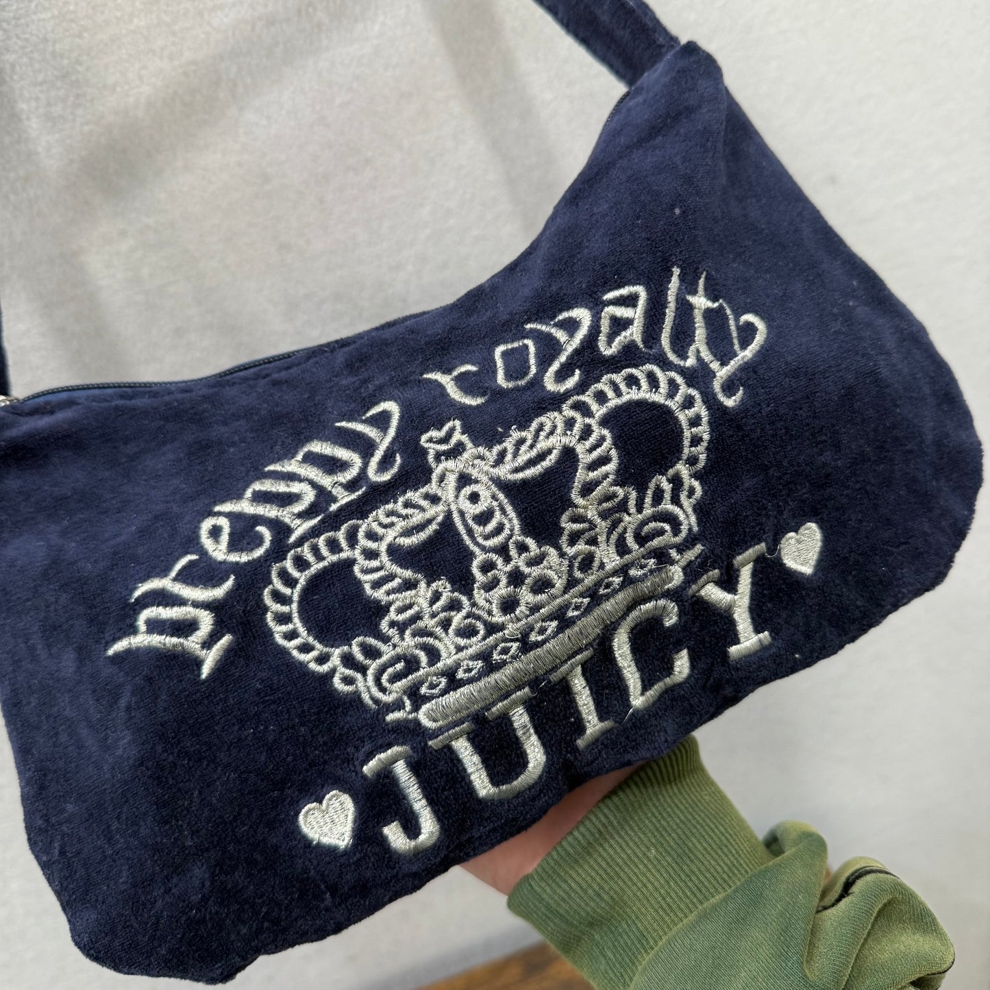 Juicy Couture Preppy Royalty Women's Navy Velour Embroidered Handmade Hobo Bag