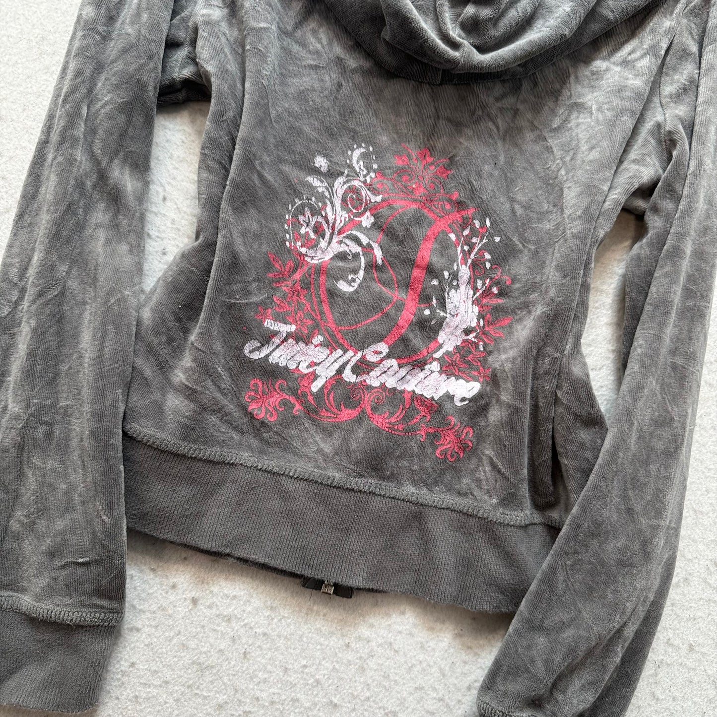 Vintage Juicy Couture Women's Gray Velour Zip-Up Hoodie Back Graphic Logo Size S