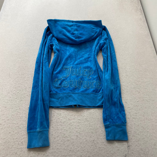 Juicy Couture Women's Cobalt Blue Velour Zip-Up Hoodie Loungewear Pockets Size M