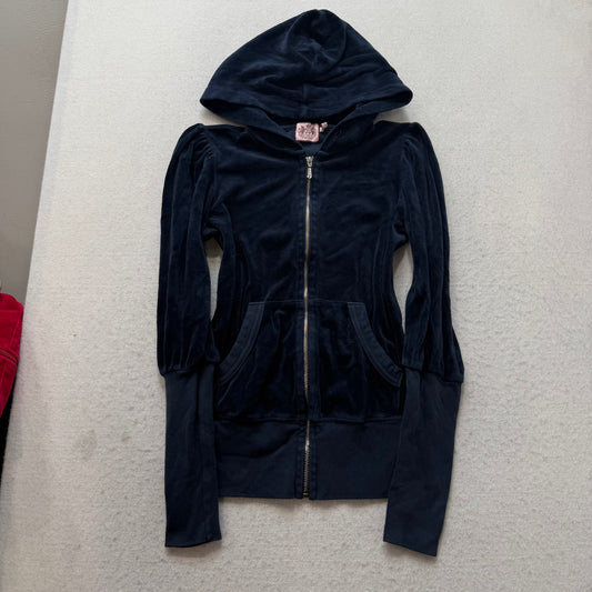 Vintage Juicy Couture Women Navy Velour Tracksuit Set Hoodie & Flare Pant Size S