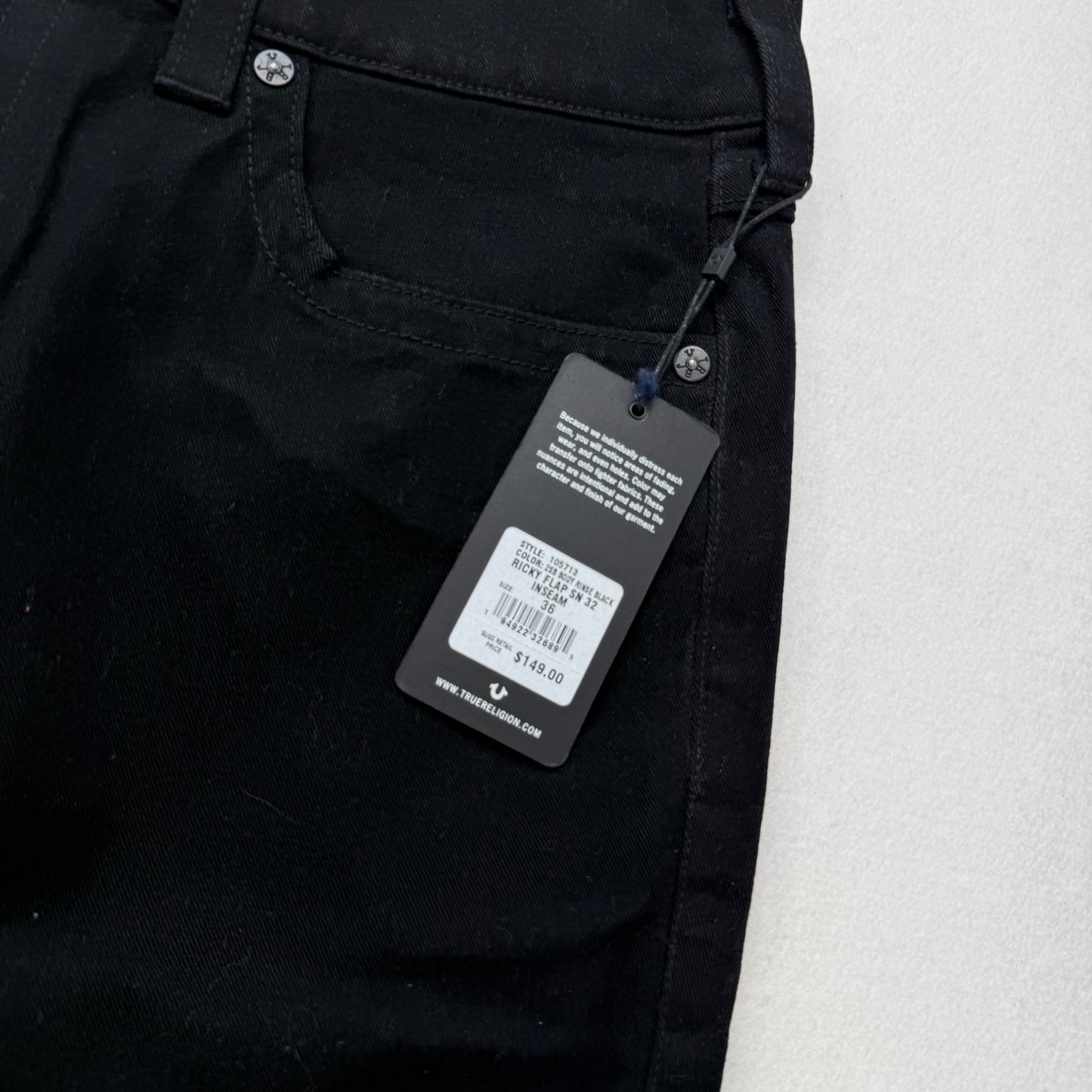 True Religion Ricky Black Denim Jeans Straight Leg Contrast Stitching Arcuate Flap Pockets Size W36 L32