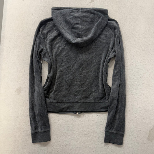 Juicy Couture Women Dark Gray Velour Zip-Up Hoodie Y2k Drawstring Pockets Size M