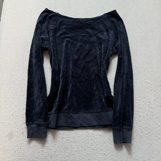 Juicy Couture Women's Navy Velour Bow Off The Shoulder Graphic Top Casual Size M