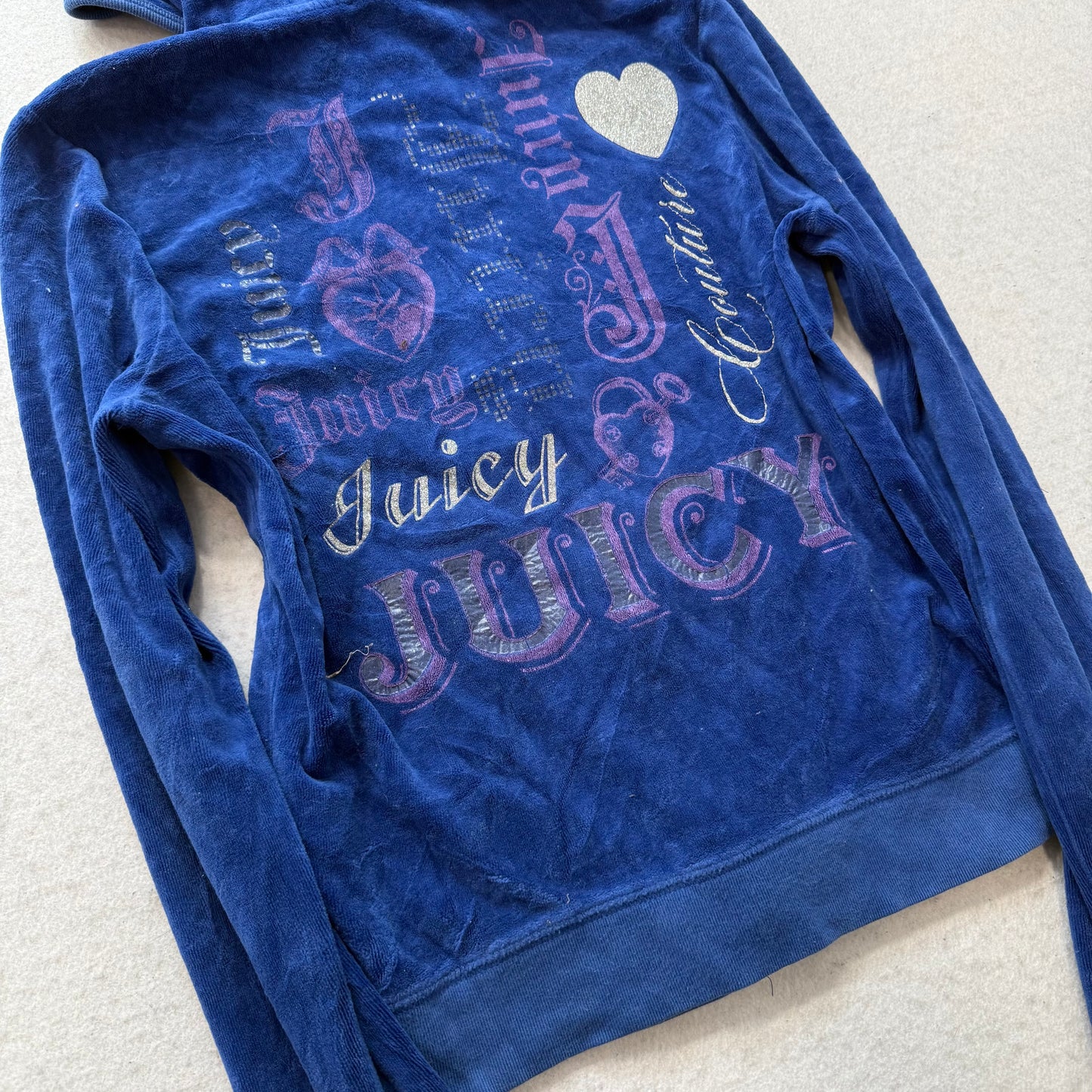 Vintage Juicy Couture Womens Royal Blue Velour Zip Up Hoodie Graphic Logo Size L