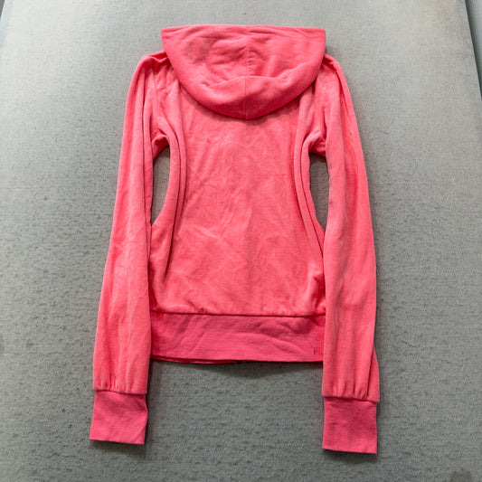 Vintage Juicy Couture Women's Pink Velour Zip-Up Hoodie Drawstring Pocket Size S