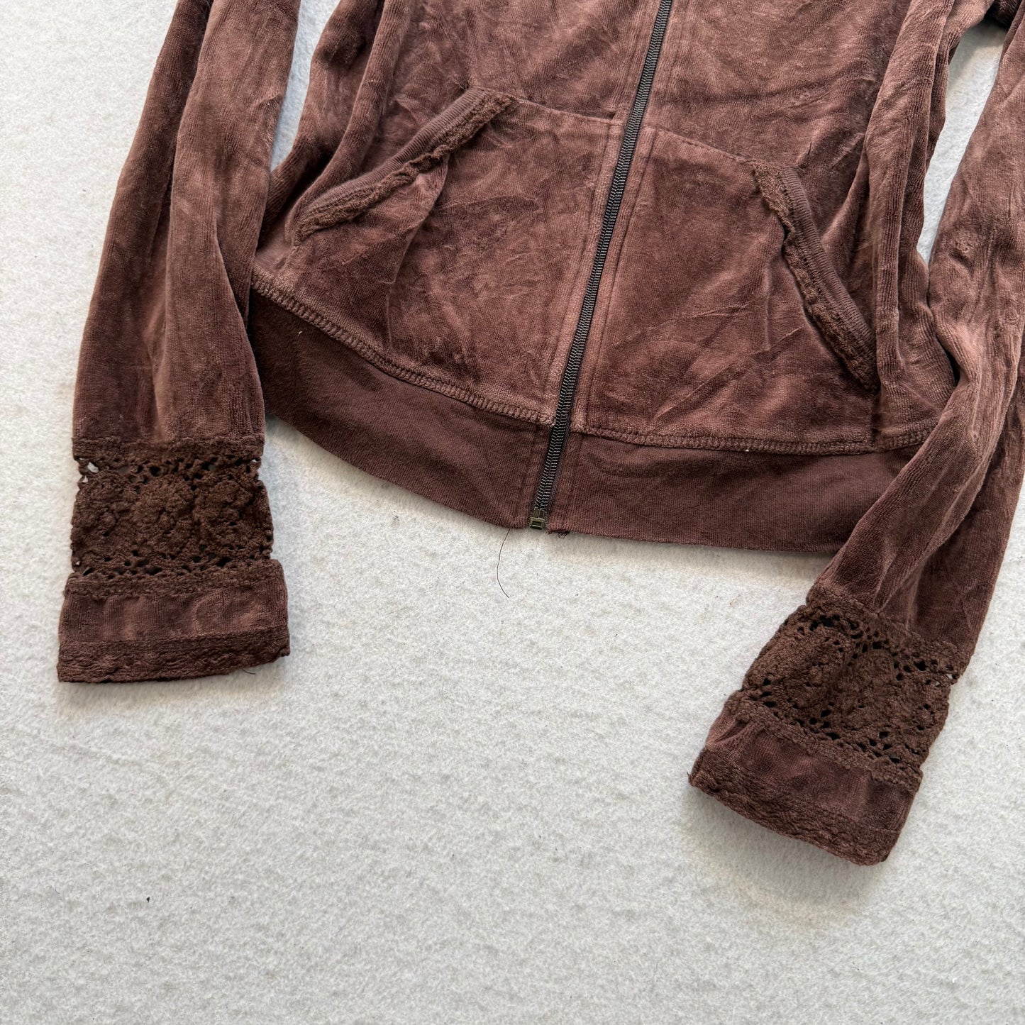 Vintage Juicy Couture Womens Brown Velour Zip-Up Hoodie Loungewear Pocket Size S