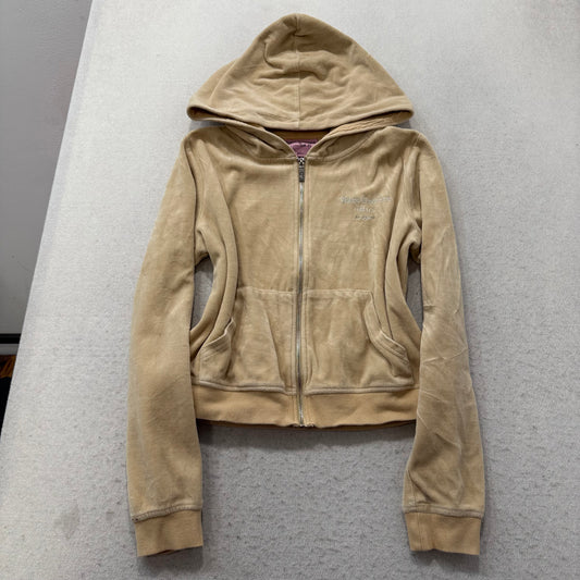 Juicy Couture Forever Women's Camel Velour Zip-Up Hoodie Rhinestones Logo Size L