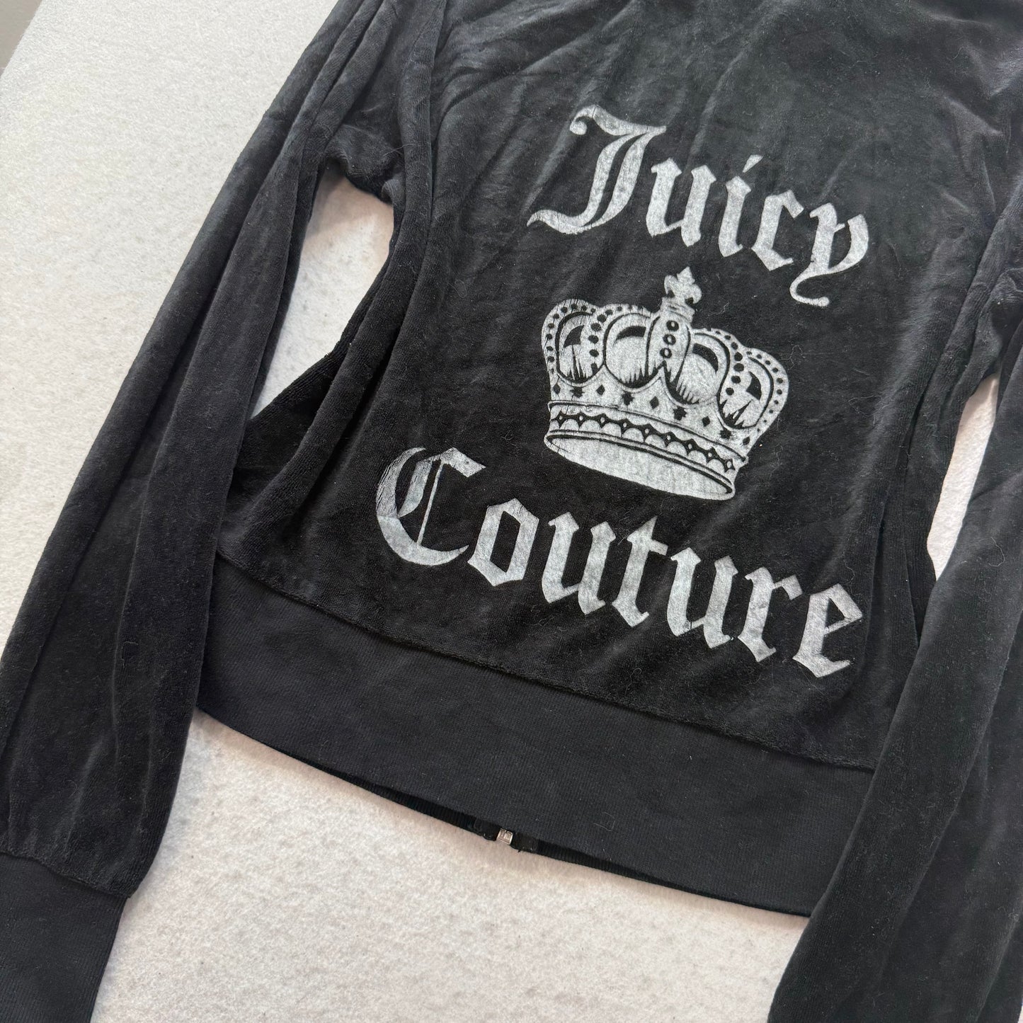 Juicy Couture Women's Black Velour Zip-Up Hoodie Crown Logo Pockets Y2k Size XL