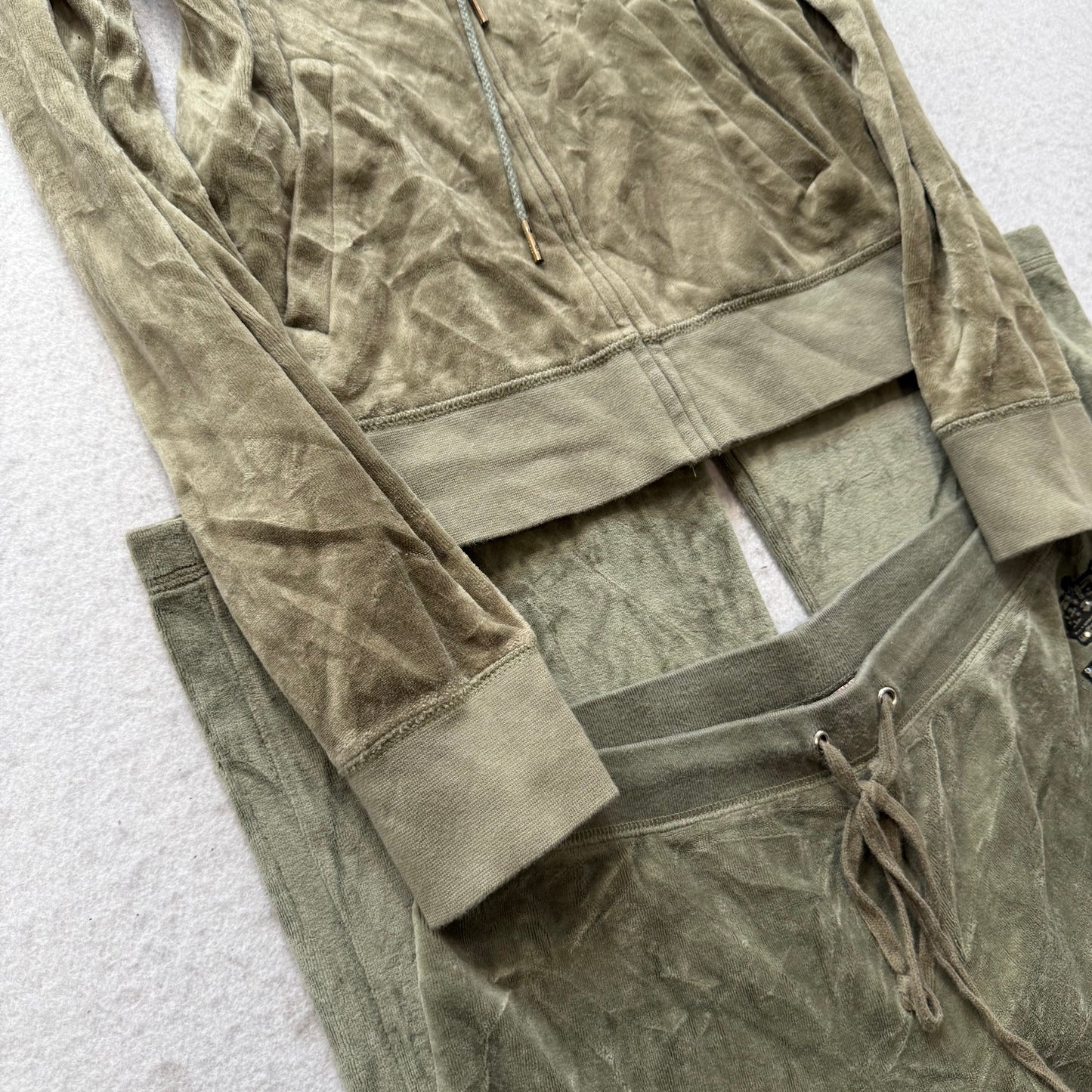 Juicy Couture Womens Light Olive Velour Tracksuit Set Hoodie & Pant Y2k Size L/M